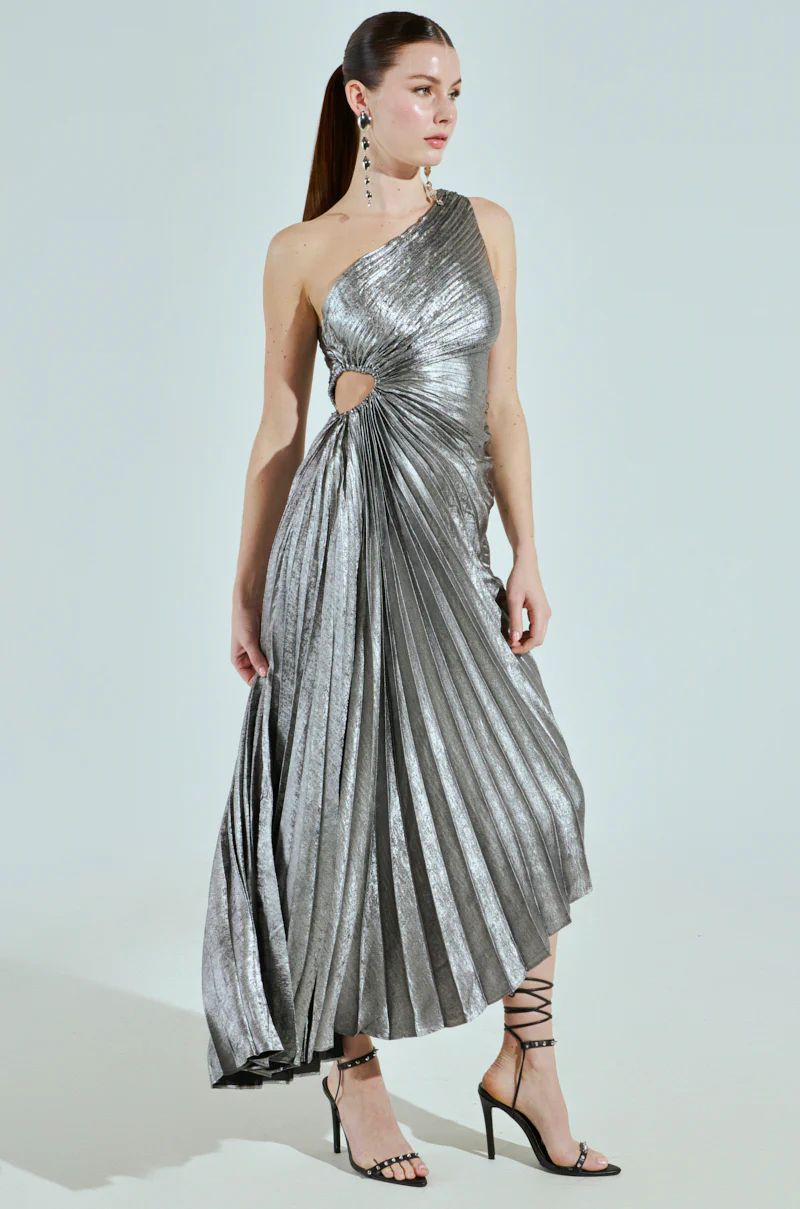 A LITTLE PARTY PLEATED MIDI DRESS IN SILVER - Image 2