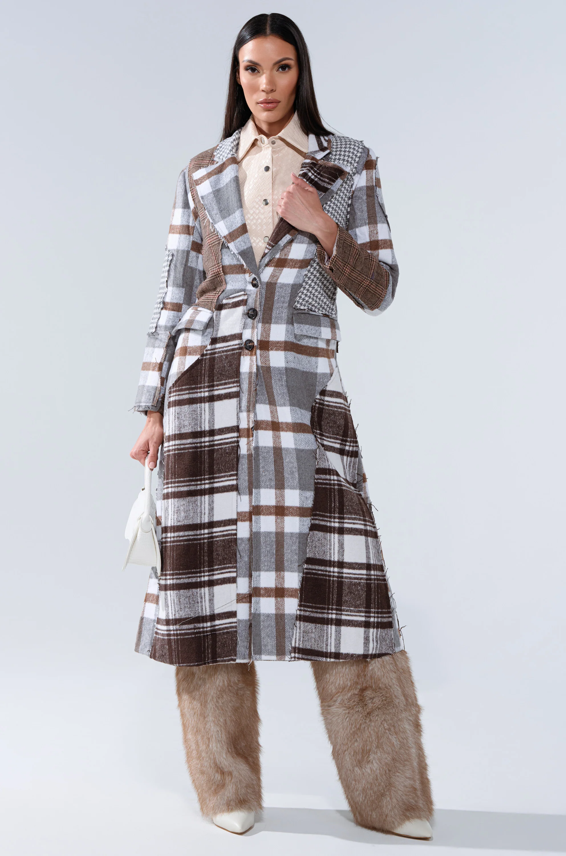 MIXED PLAID NOT FEELINGS PATCHWORK TRENCH - Image 2