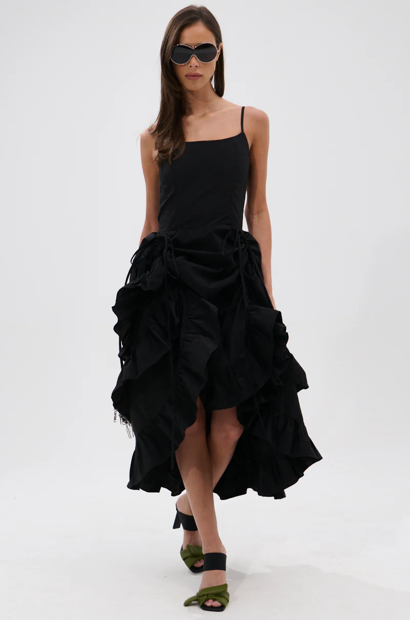 ADDED DRAMA RUFFLED MIDI DRESS IN BLACK - Image 10