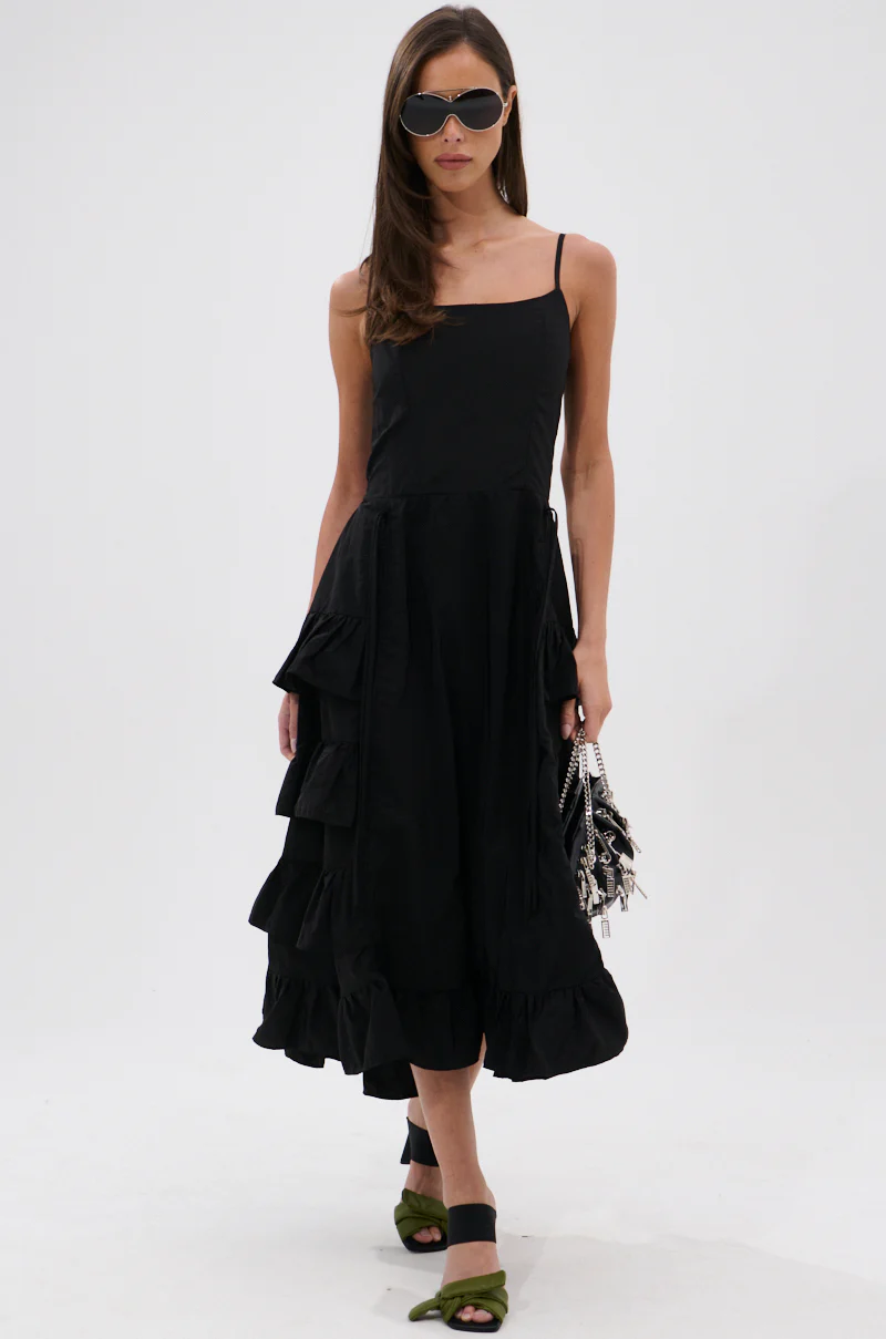 ADDED DRAMA RUFFLED MIDI DRESS IN BLACK - Image 11