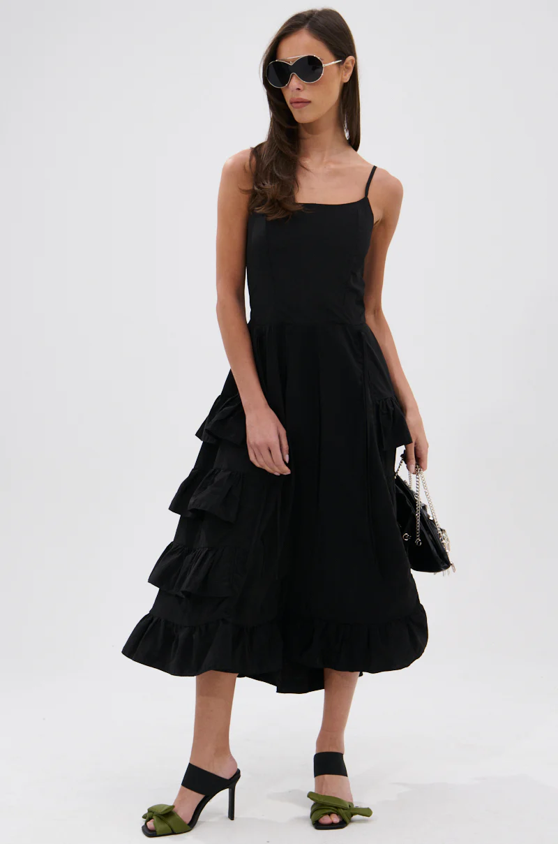 ADDED DRAMA RUFFLED MIDI DRESS IN BLACK - Image 12