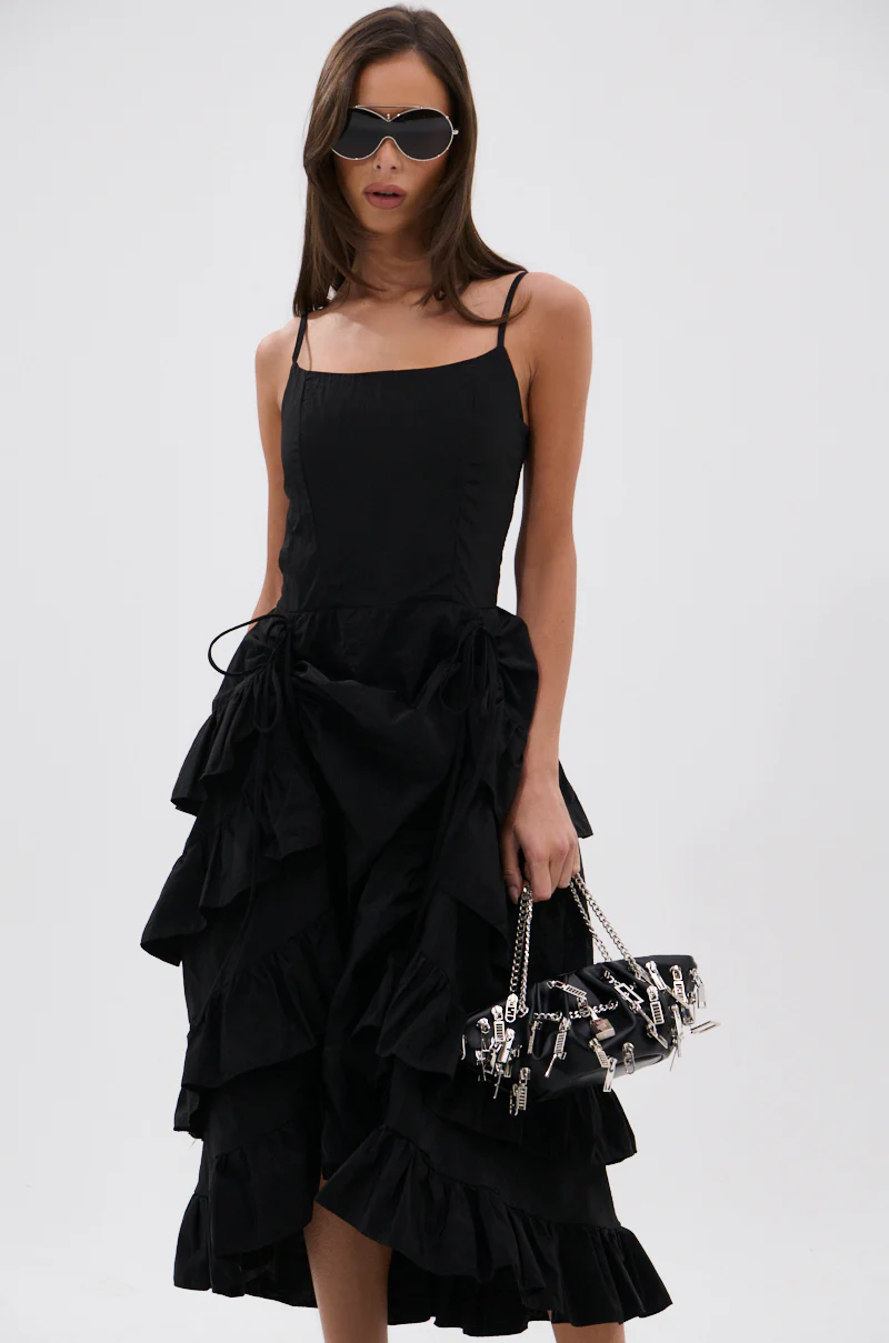 ADDED DRAMA RUFFLED MIDI DRESS IN BLACK - Image 3