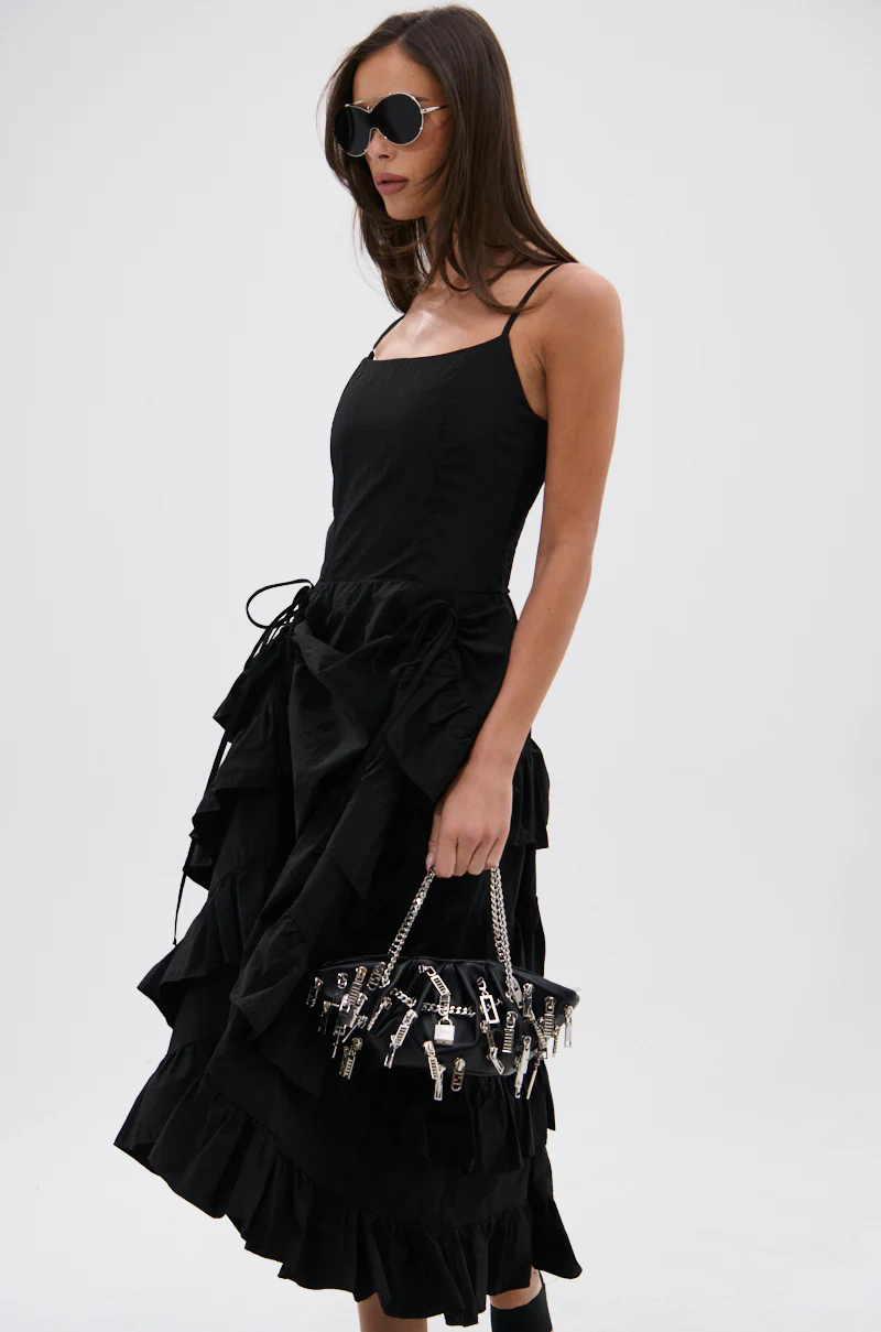 ADDED DRAMA RUFFLED MIDI DRESS IN BLACK - Image 4
