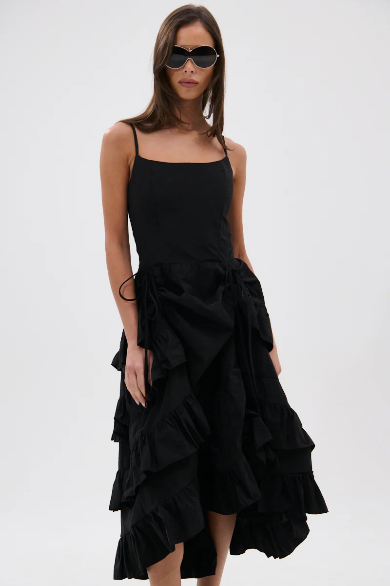 ADDED DRAMA RUFFLED MIDI DRESS IN BLACK - Image 5