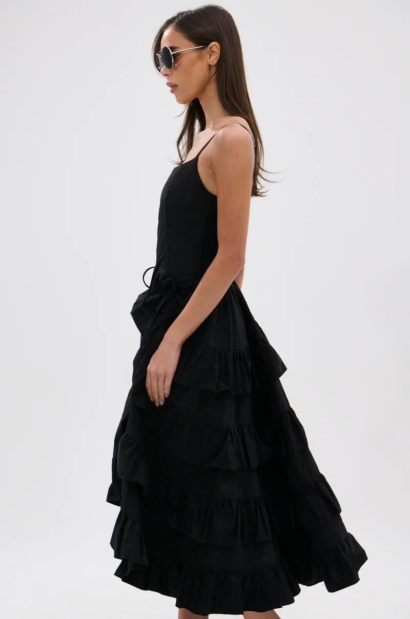ADDED DRAMA RUFFLED MIDI DRESS IN BLACK - Image 6