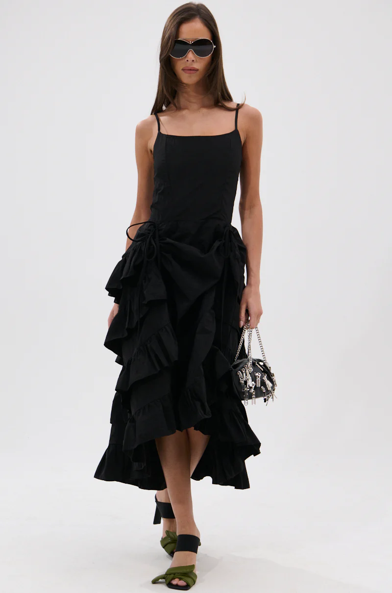 ADDED DRAMA RUFFLED MIDI DRESS IN BLACK - Image 9