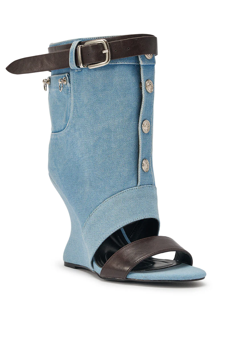 AKIRA GOLD BLEILIC DENIM WEDGE OPEN TOE BOOTIE - Image 5