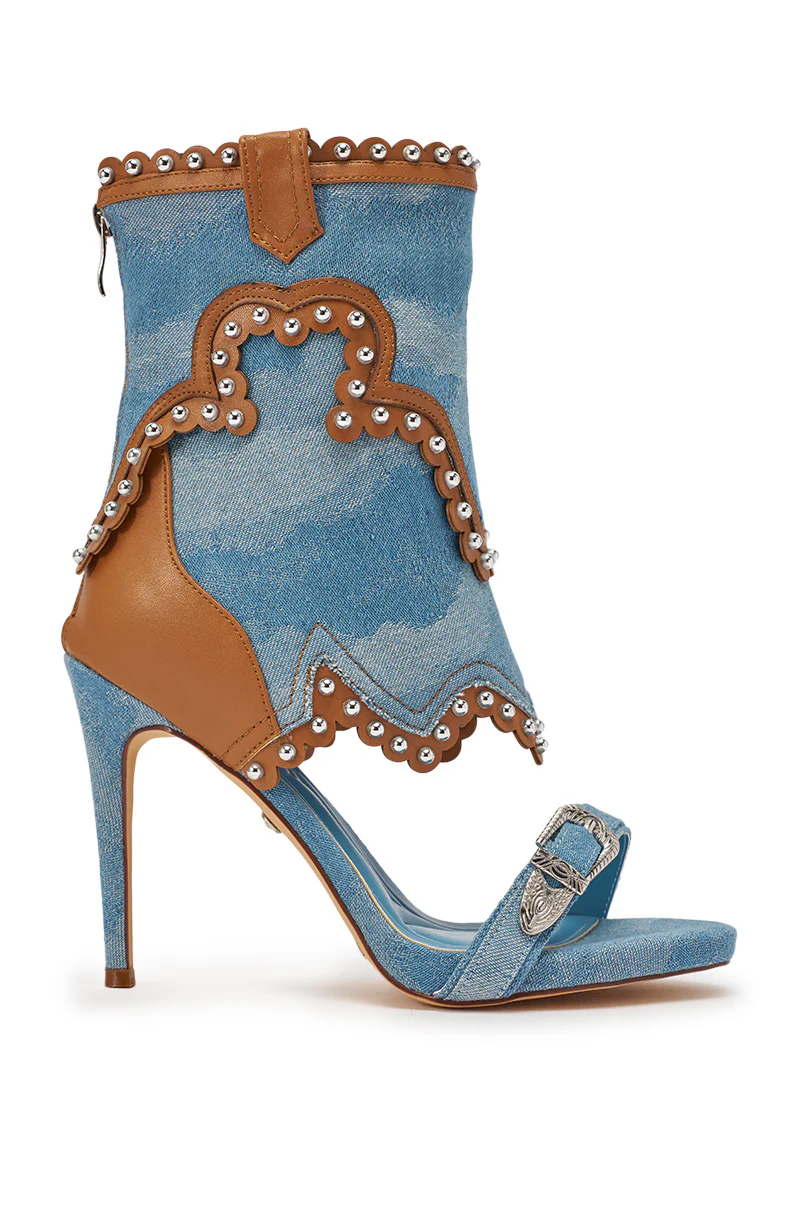 AZALEA WANG CAPRIZIA DENIM WESTERN NOVELTY STUDDED STILETTO SANDAL - Image 5