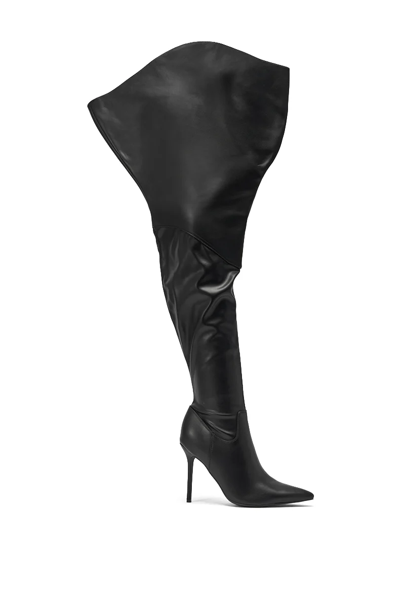 AKIRA GOLD CHROMEA BLACK THIGH HIGH STILETTO BOOT - Image 3