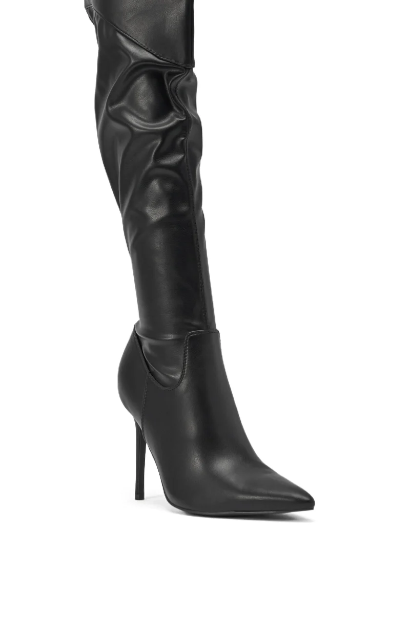 AKIRA GOLD CHROMEA BLACK THIGH HIGH STILETTO BOOT - Image 6