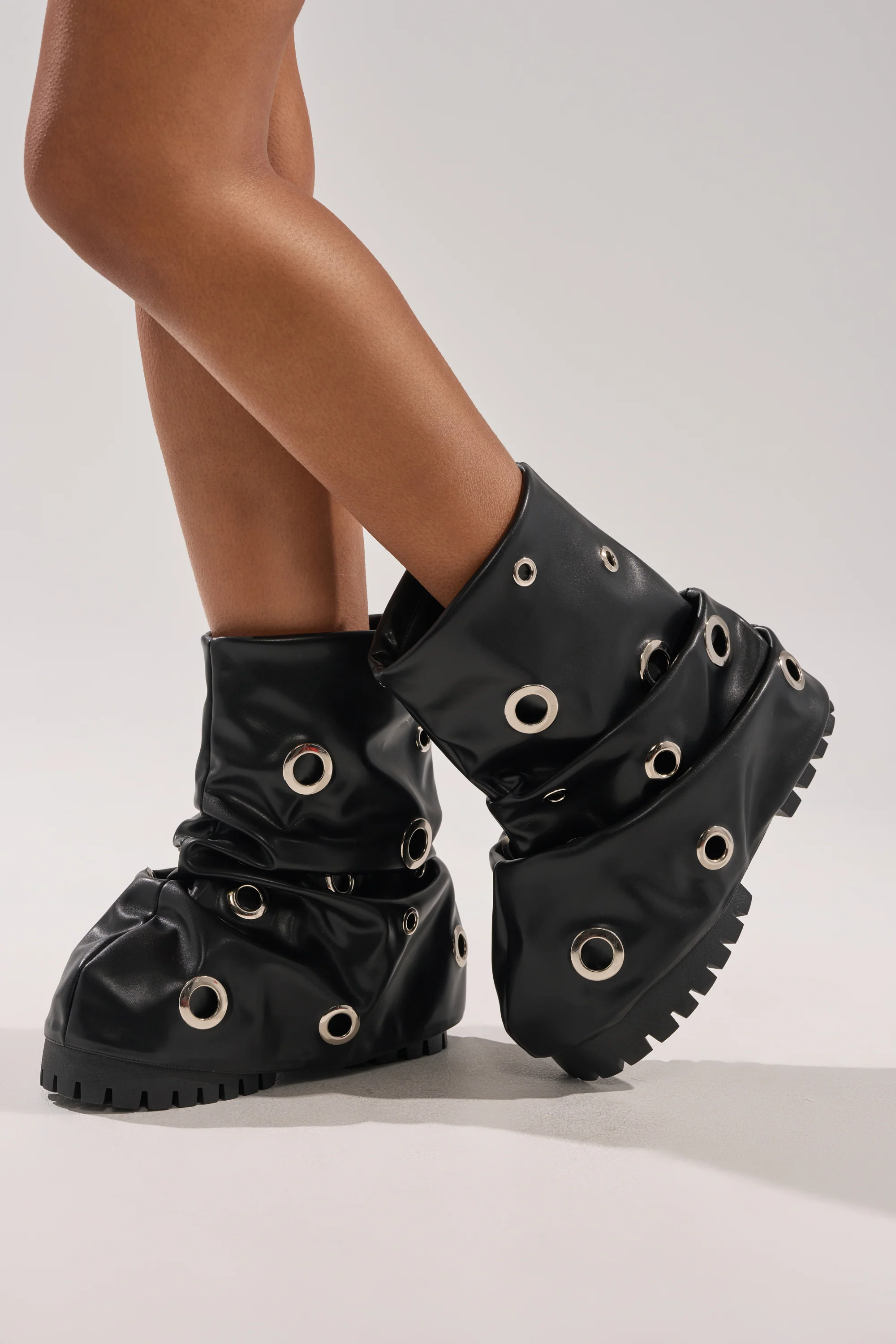 AKIRA GOLD FABLE BLACK GROMMET EMBELLISHED FLAT BOOTIE - Image 4