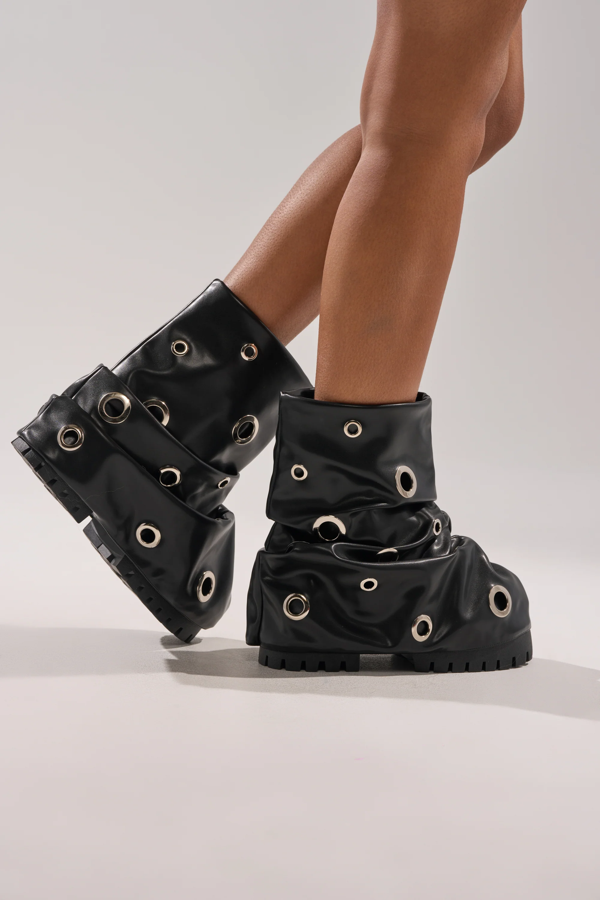 AKIRA GOLD FABLE BLACK GROMMET EMBELLISHED FLAT BOOTIE - Image 5