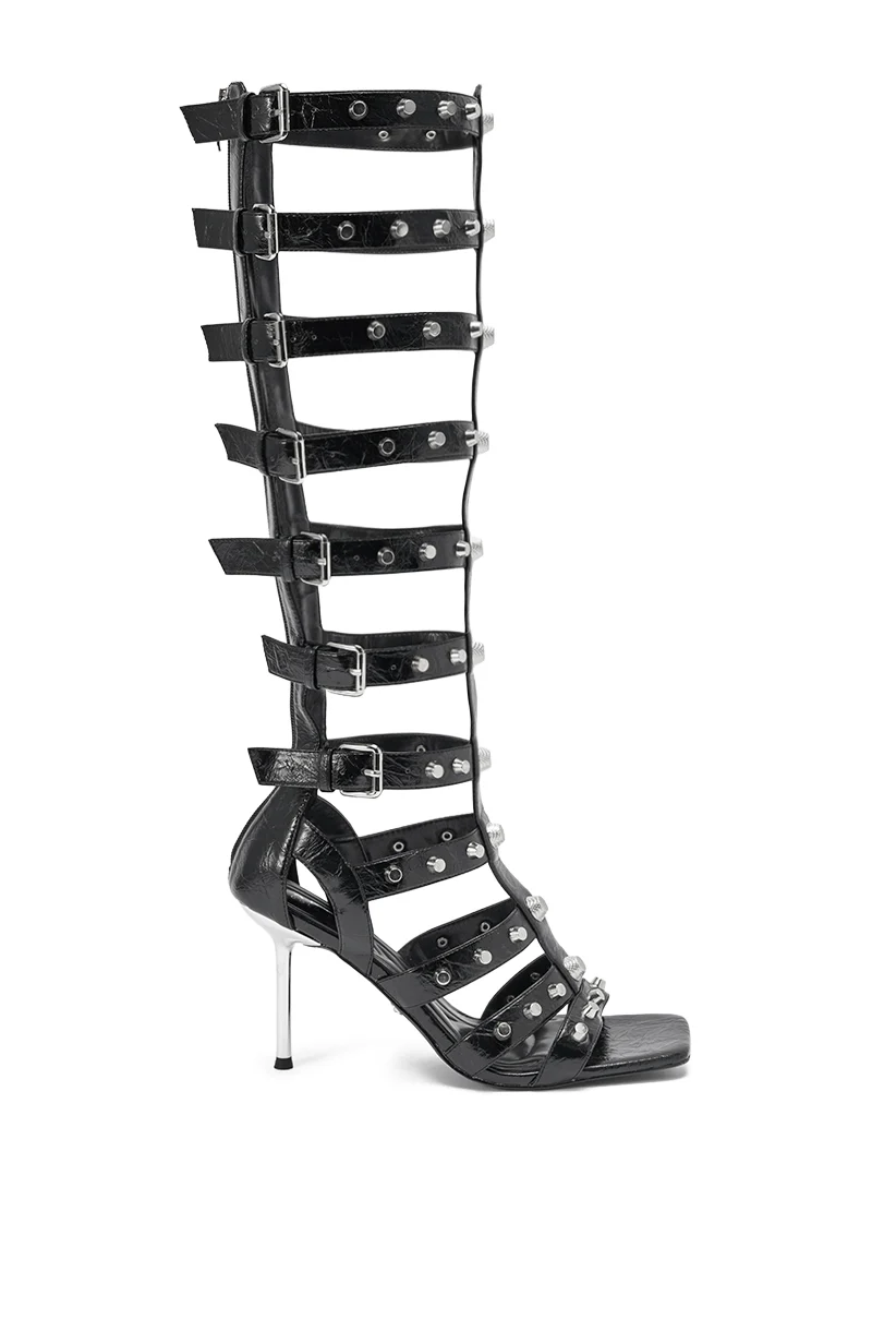 AKIRA GOLD HARDWARE EMBELLISHED BLACK GLADIATOR SANDAL - Image 4