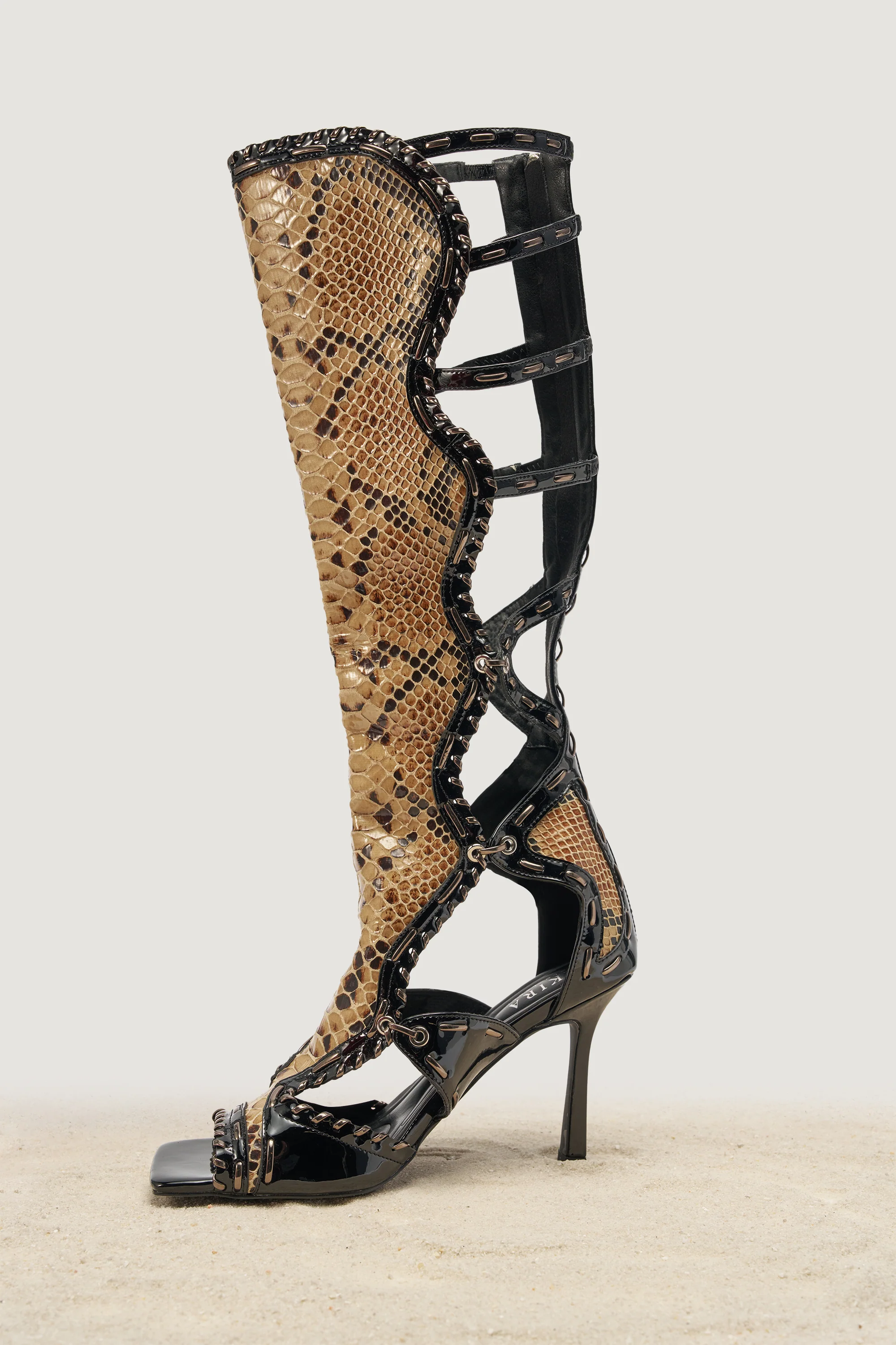 AKIRA GOLD INDRANI BLACK HIGH SHAFT GLADIATOR SANDAL - Image 4