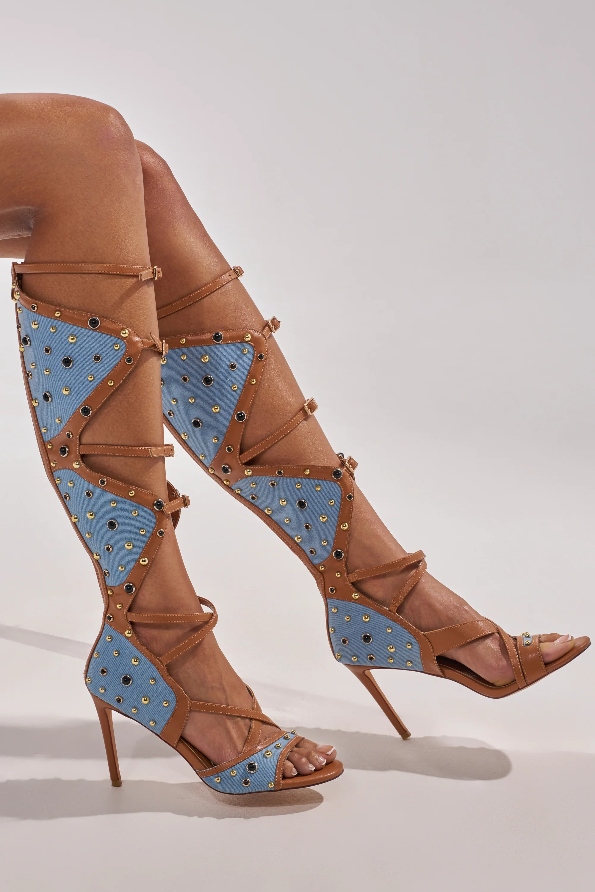 AKIRA GOLD LULANA DENIM METAL STUDDED GLADIATOR STILETTO SANDAL - Image 4