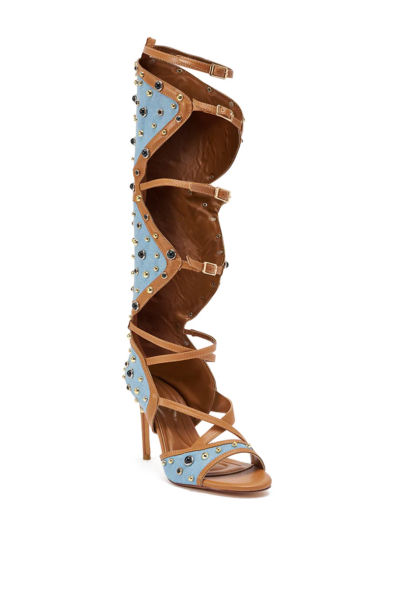 AKIRA GOLD LULANA DENIM METAL STUDDED GLADIATOR STILETTO SANDAL - Image 7