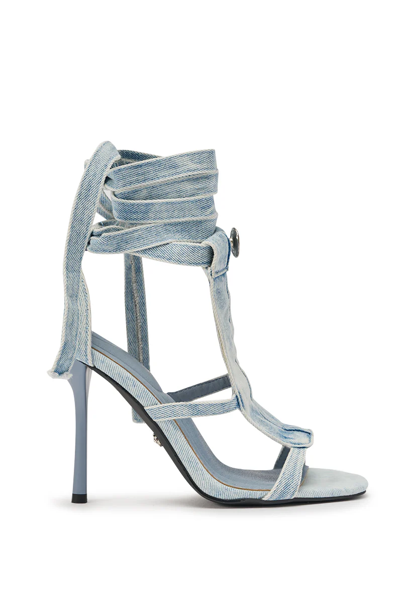 AKIRA GOLD NORMA JEAN DENIM STRAPPY STILETTO SANDAL - Image 4