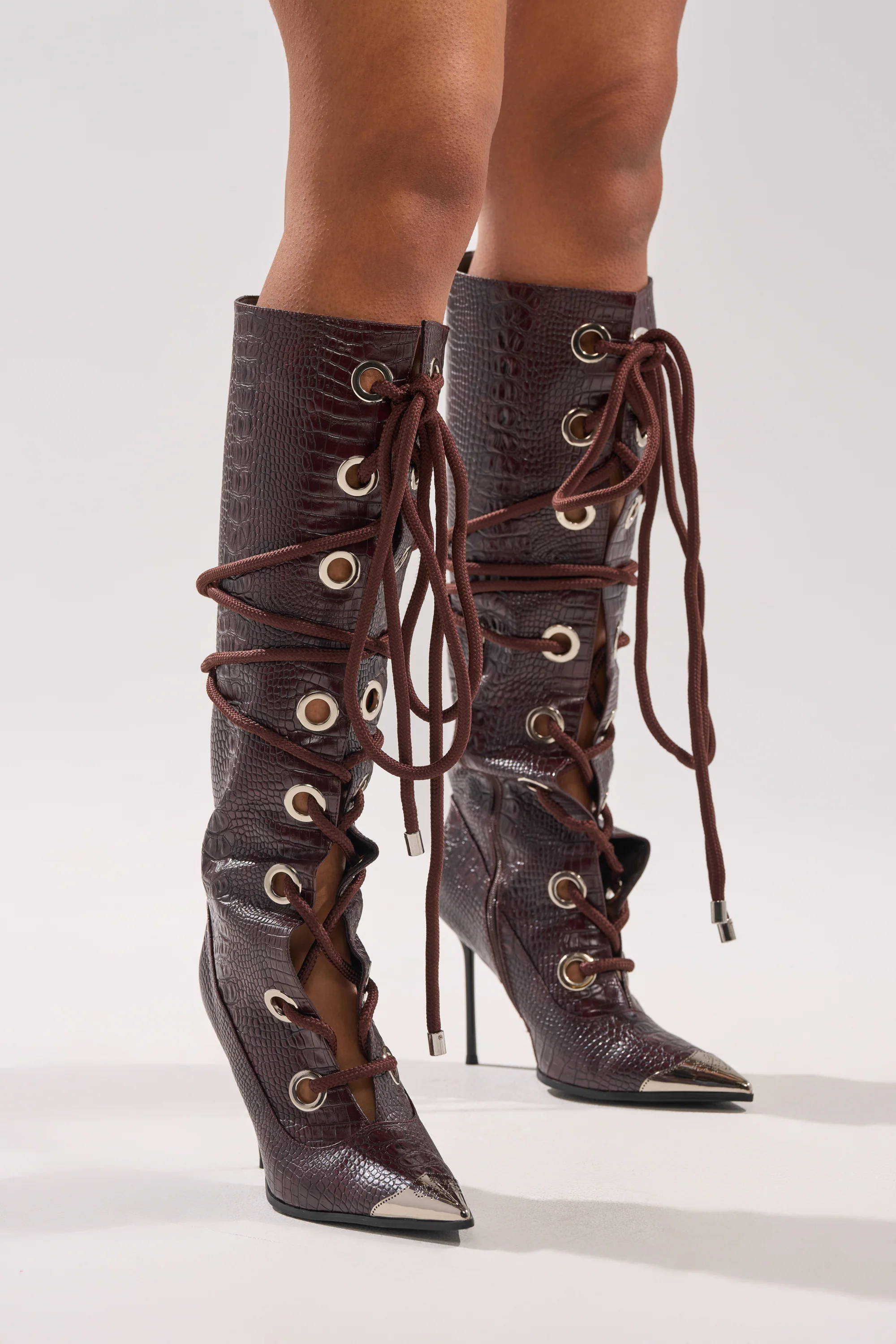 AKIRA GOLD PANTOUM CHOCOLATE CROC STILETTO BOOT - Image 2