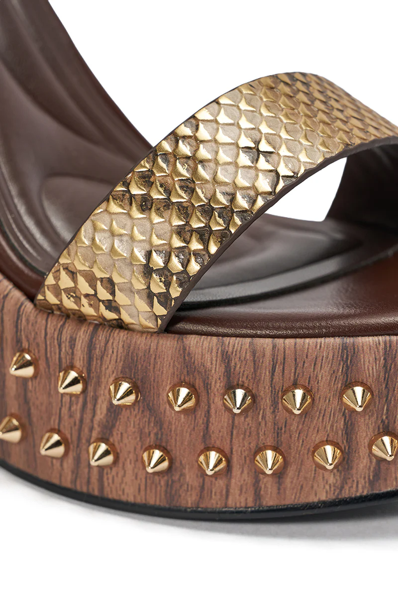 AKIRA GOLD SLOANE BROWN STUD AND SNAKE WEDGE SANDAL - Image 7