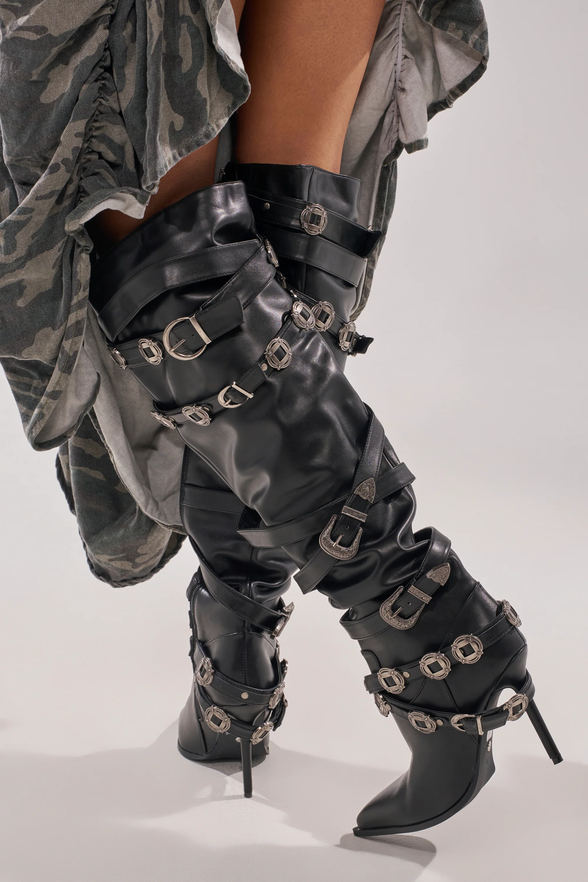 AKIRA GOLD XERXES BLACK STILETTO METAL EMBELLISHED BOOT