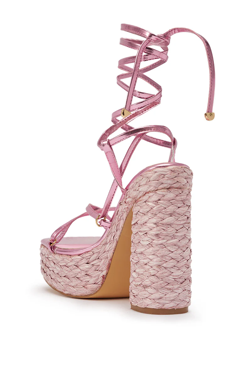 AKIRA GOLD ZAIDEE PINK PLATFORM RAFFIA LACE UP SANDAL - Image 7