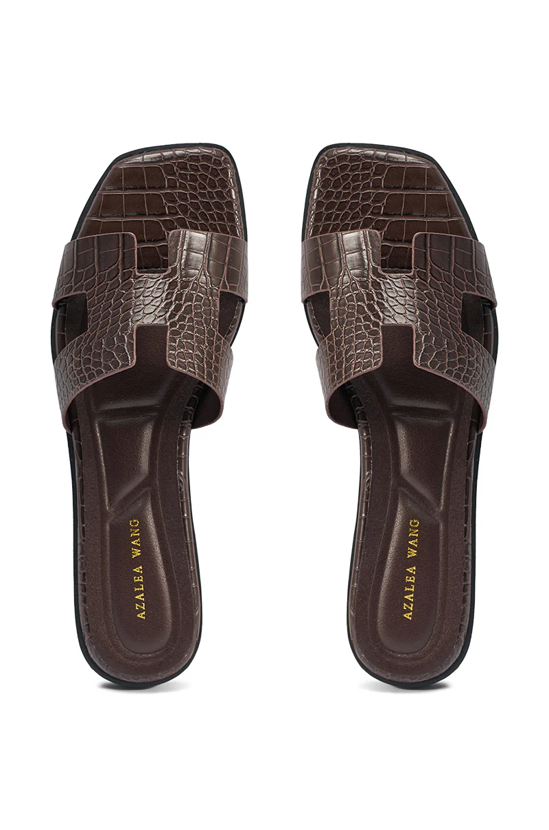 AKIRA HOWDY BROWN CROC SLIP ON FLAT SANDAL - Image 6