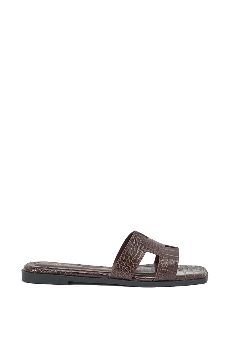 AKIRA HOWDY BROWN CROC SLIP ON FLAT SANDAL - Image 7