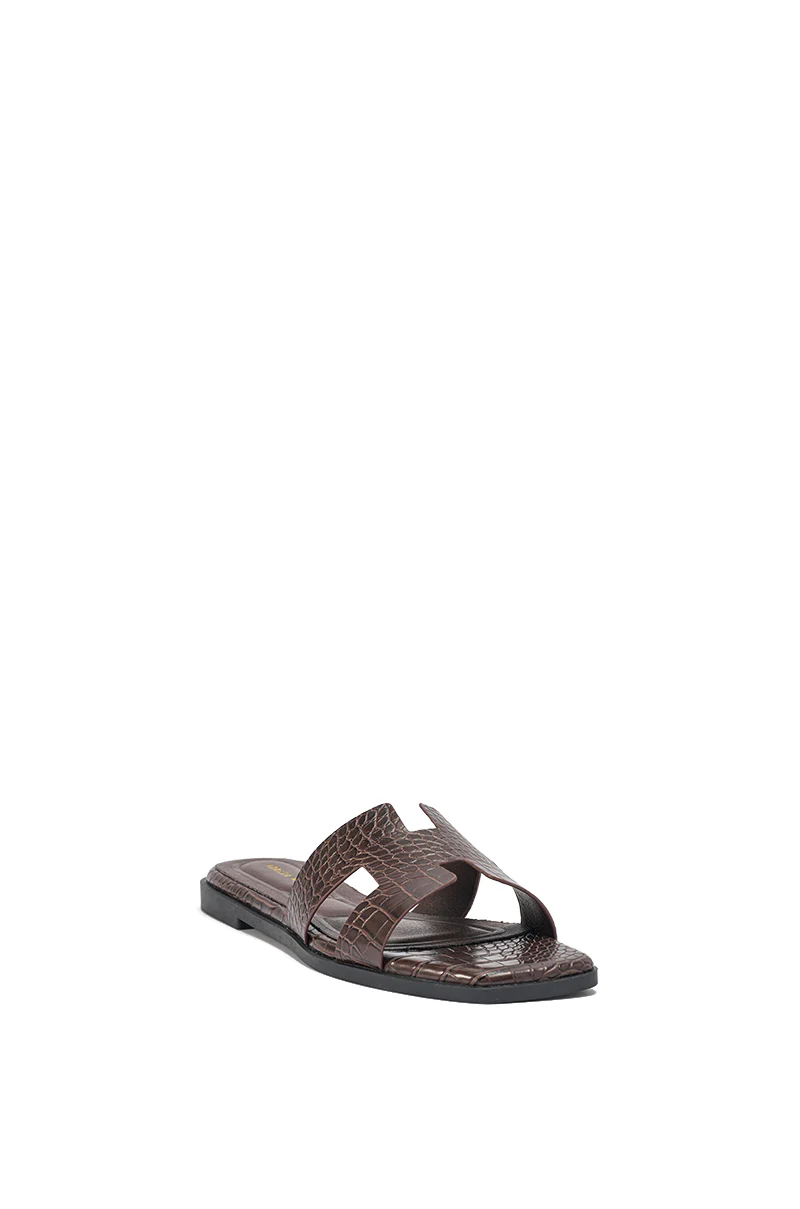 AKIRA HOWDY BROWN CROC SLIP ON FLAT SANDAL - Image 8