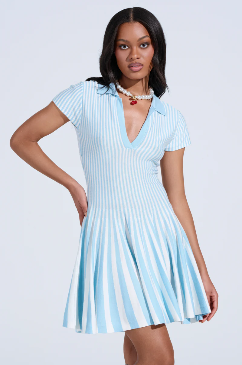 ALINA PLEATED KNIT FIT AND FLARE MINI DRESS IN BLUE - Image 2