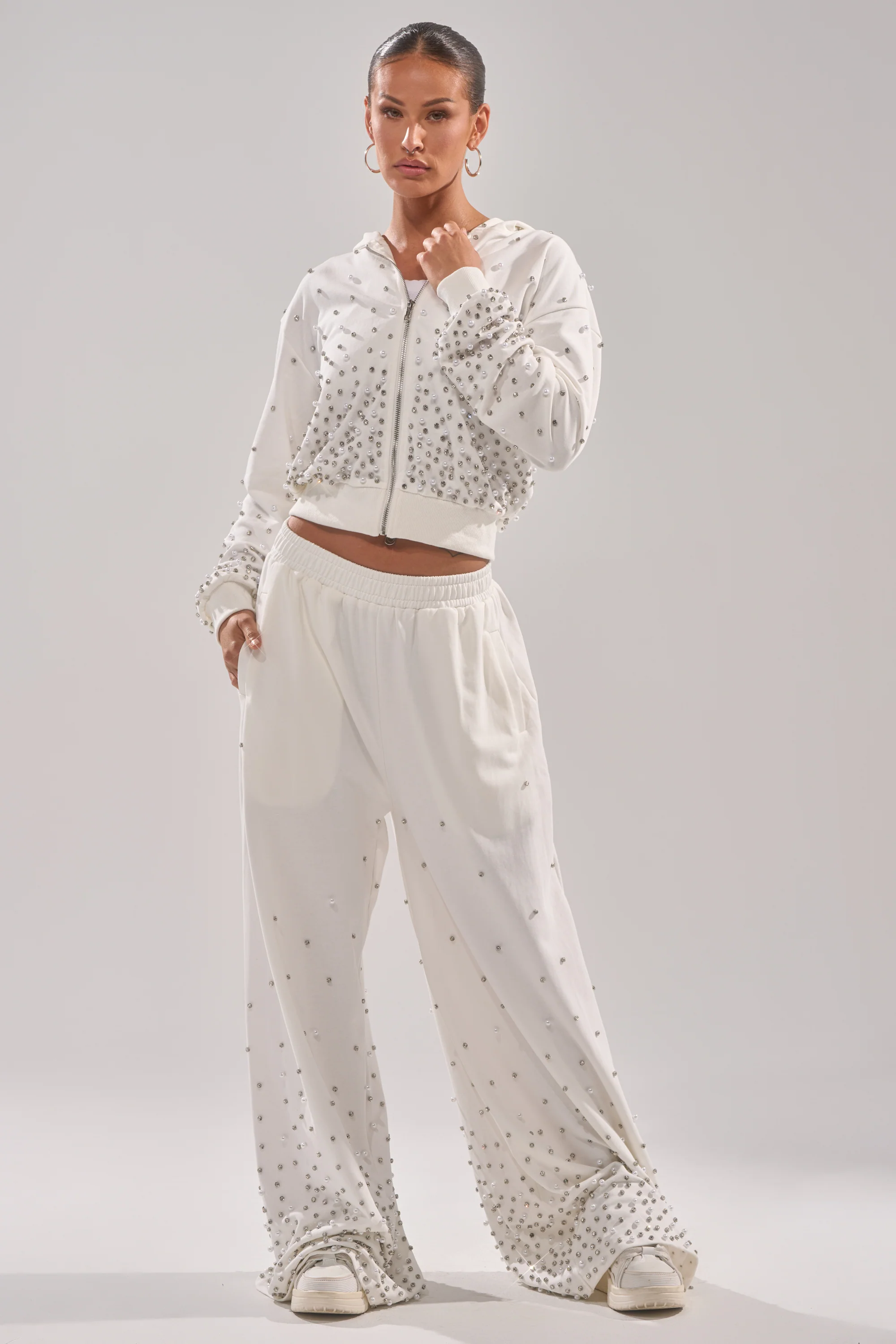 ALL IN WHITE RHINESTONE WIDE LEG JOGGER - Image 6