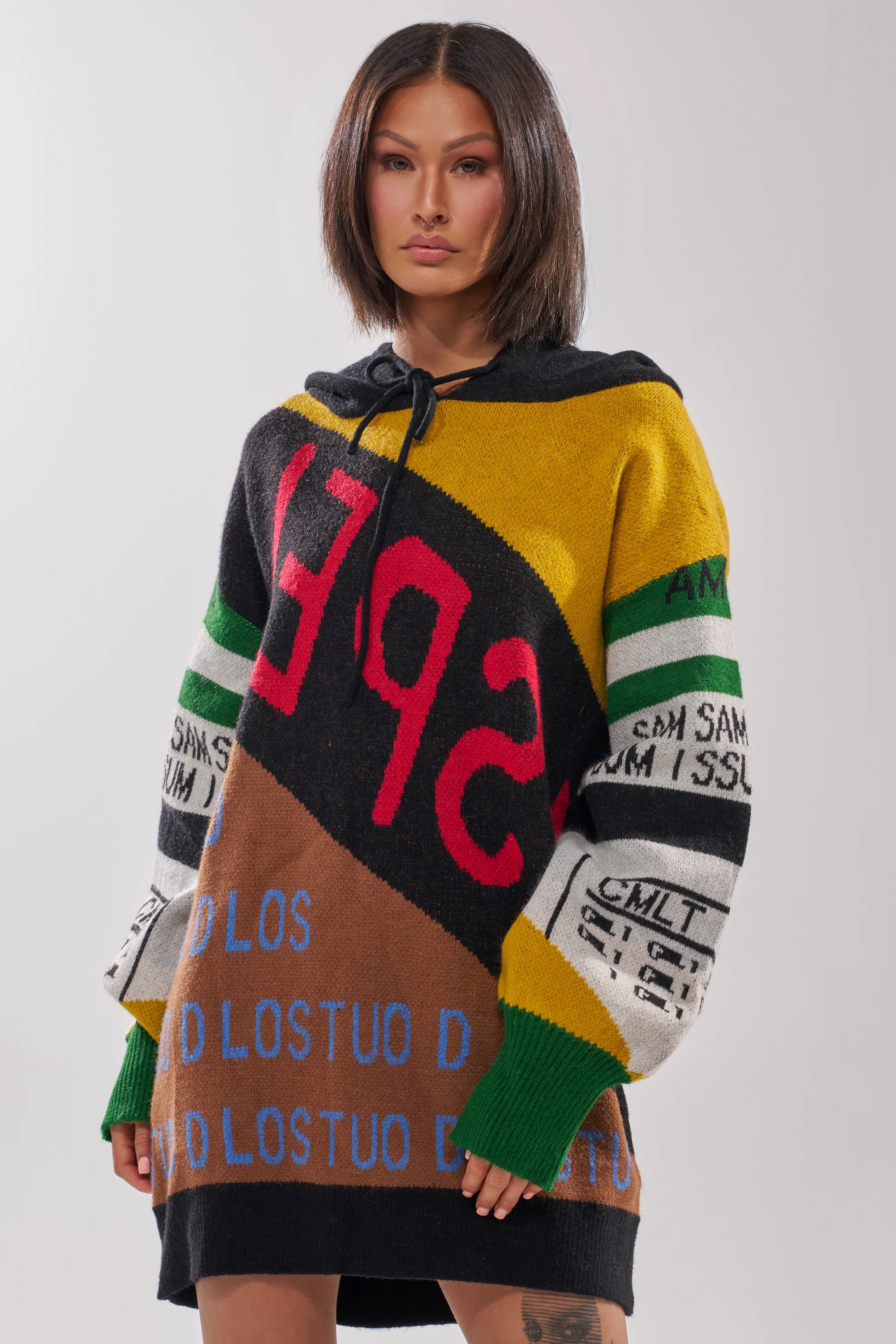 ALPHA FEMALE HOODED SWEATSHIRT DRESS IN YELLOW MULTI - Image 2