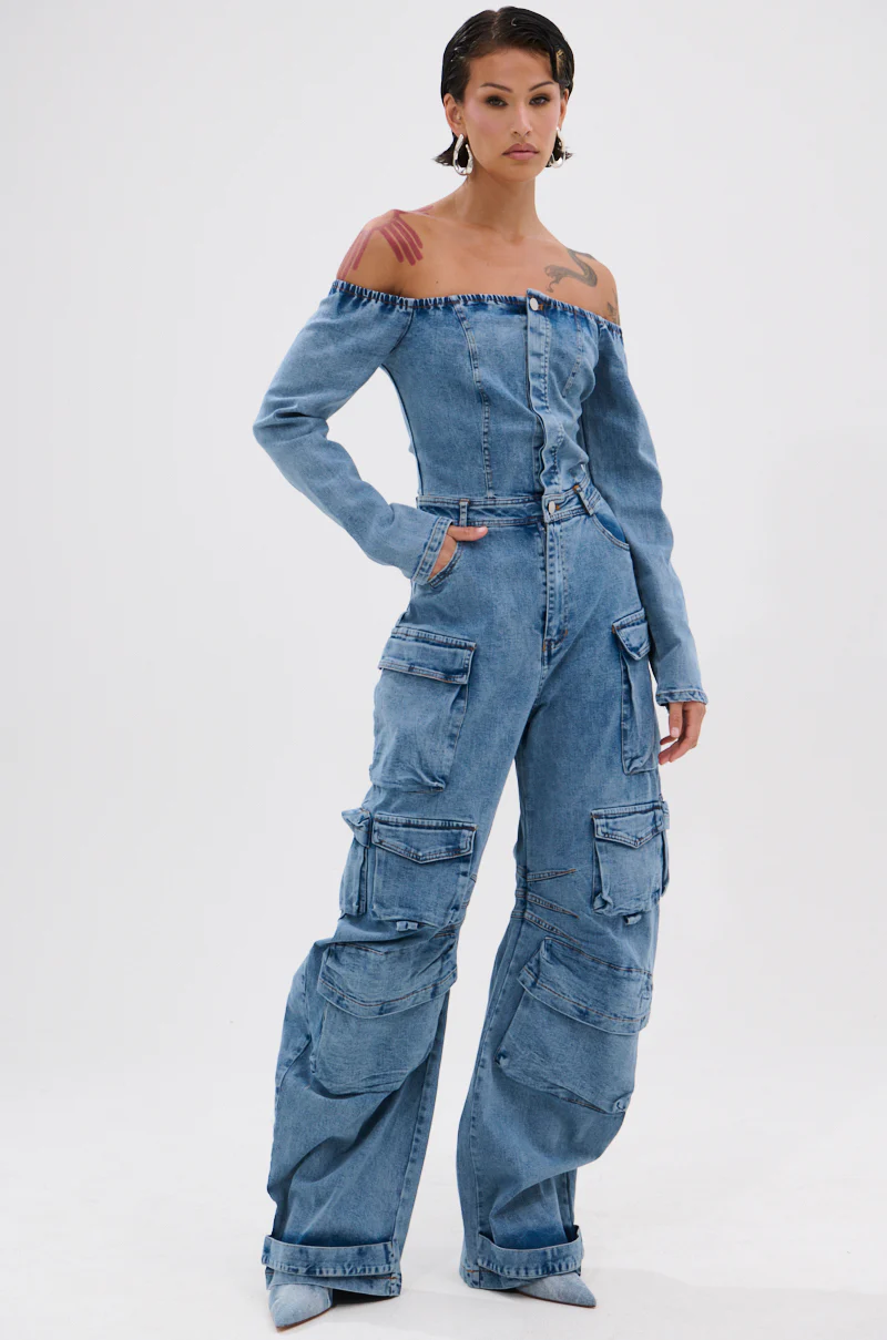 ARI LONG SLEEVE CARGO DENIM JUMPSUIT - Image 2