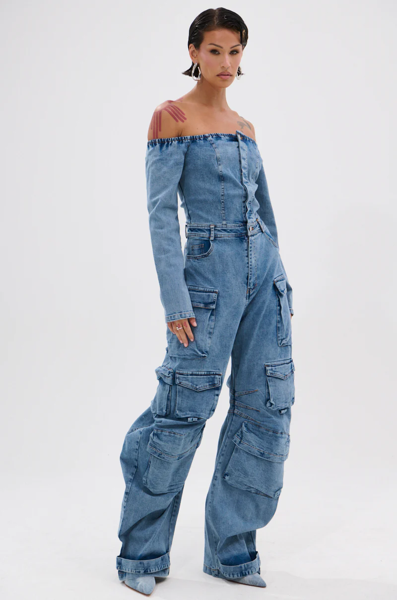ARI LONG SLEEVE CARGO DENIM JUMPSUIT - Image 3
