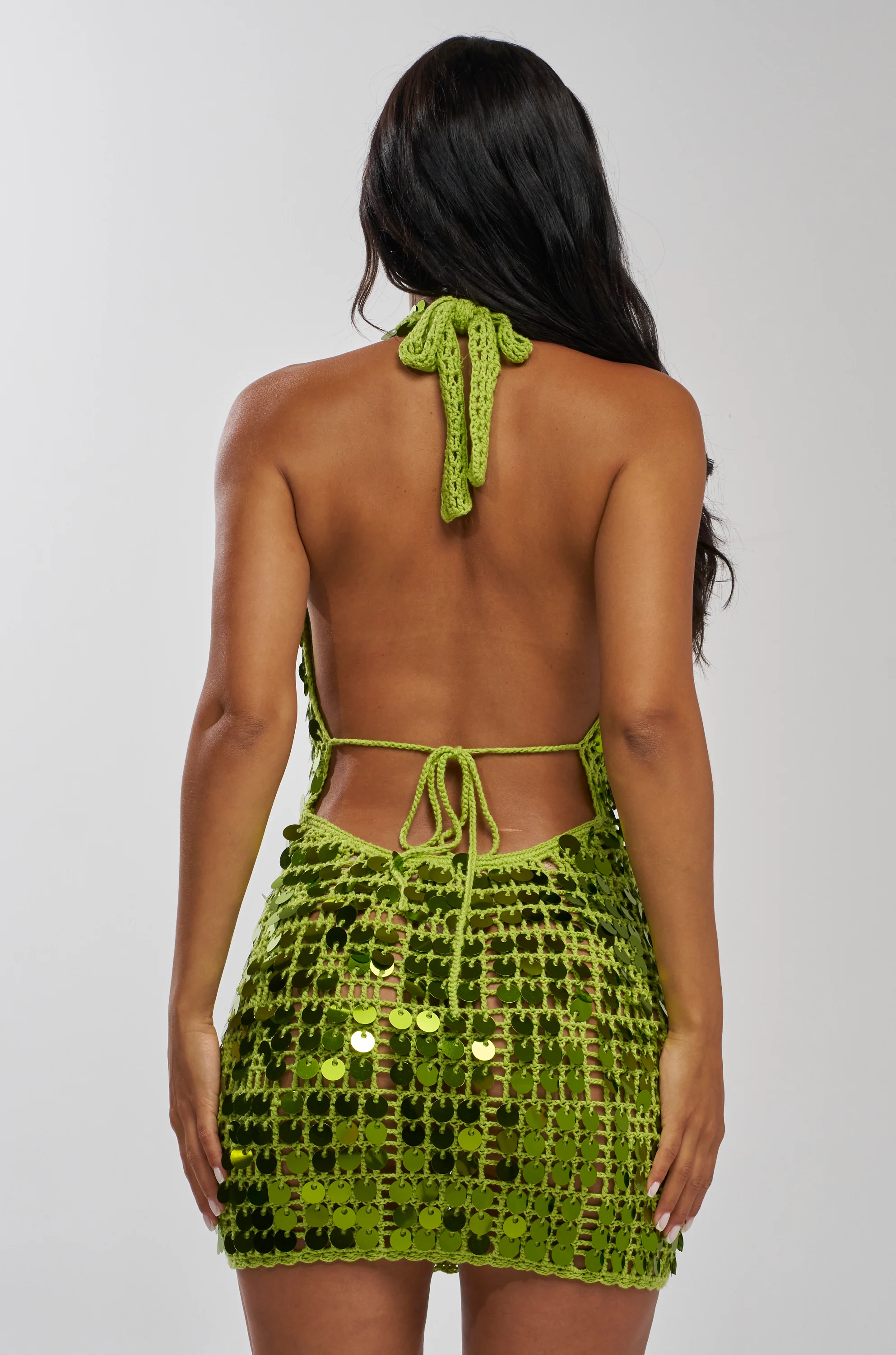 ARIEL SEQUIN CROCHET MINI DRESS IN GREEN - Image 6
