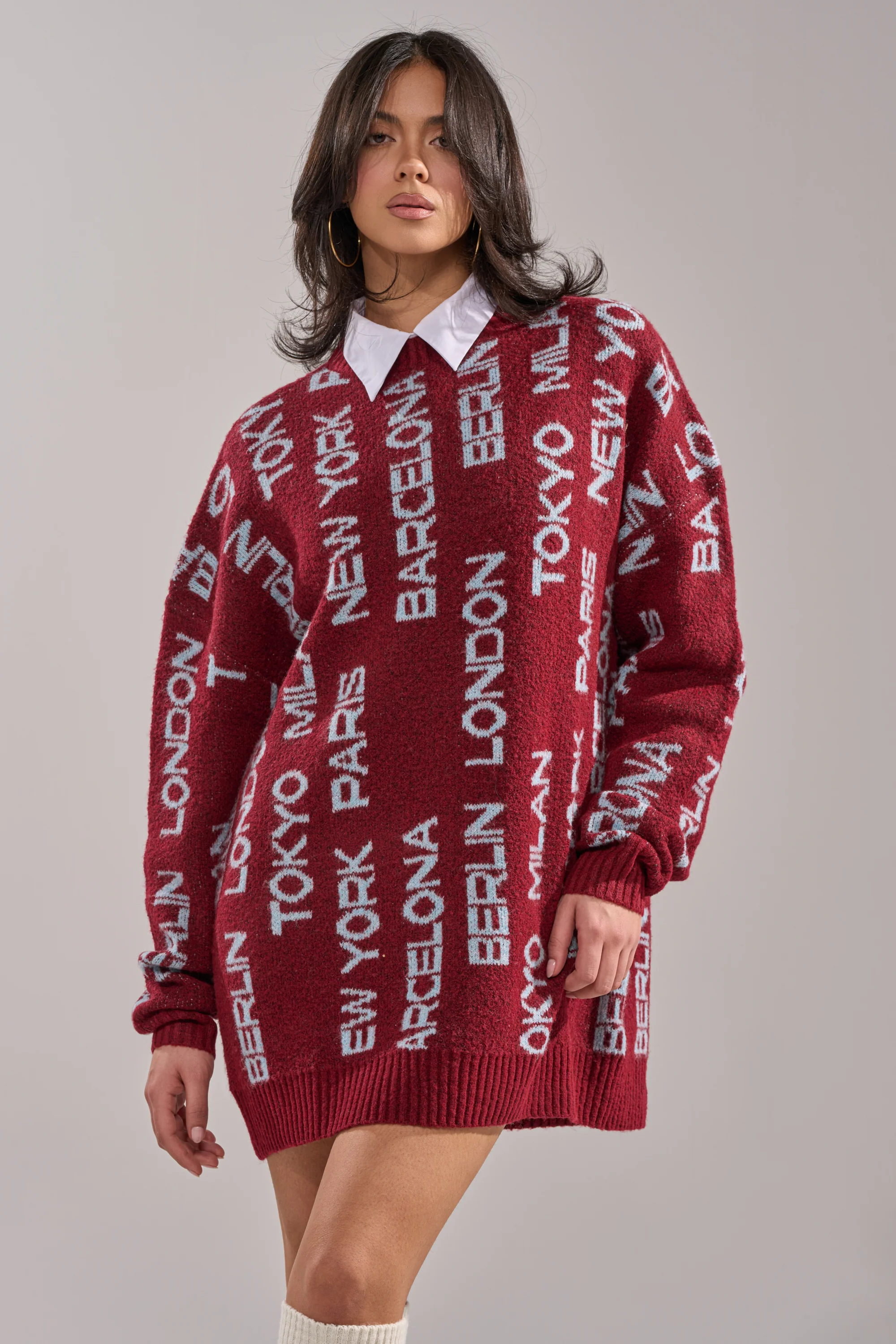 AROUND THE WORLD SWEATER MINI DRESS IN RED