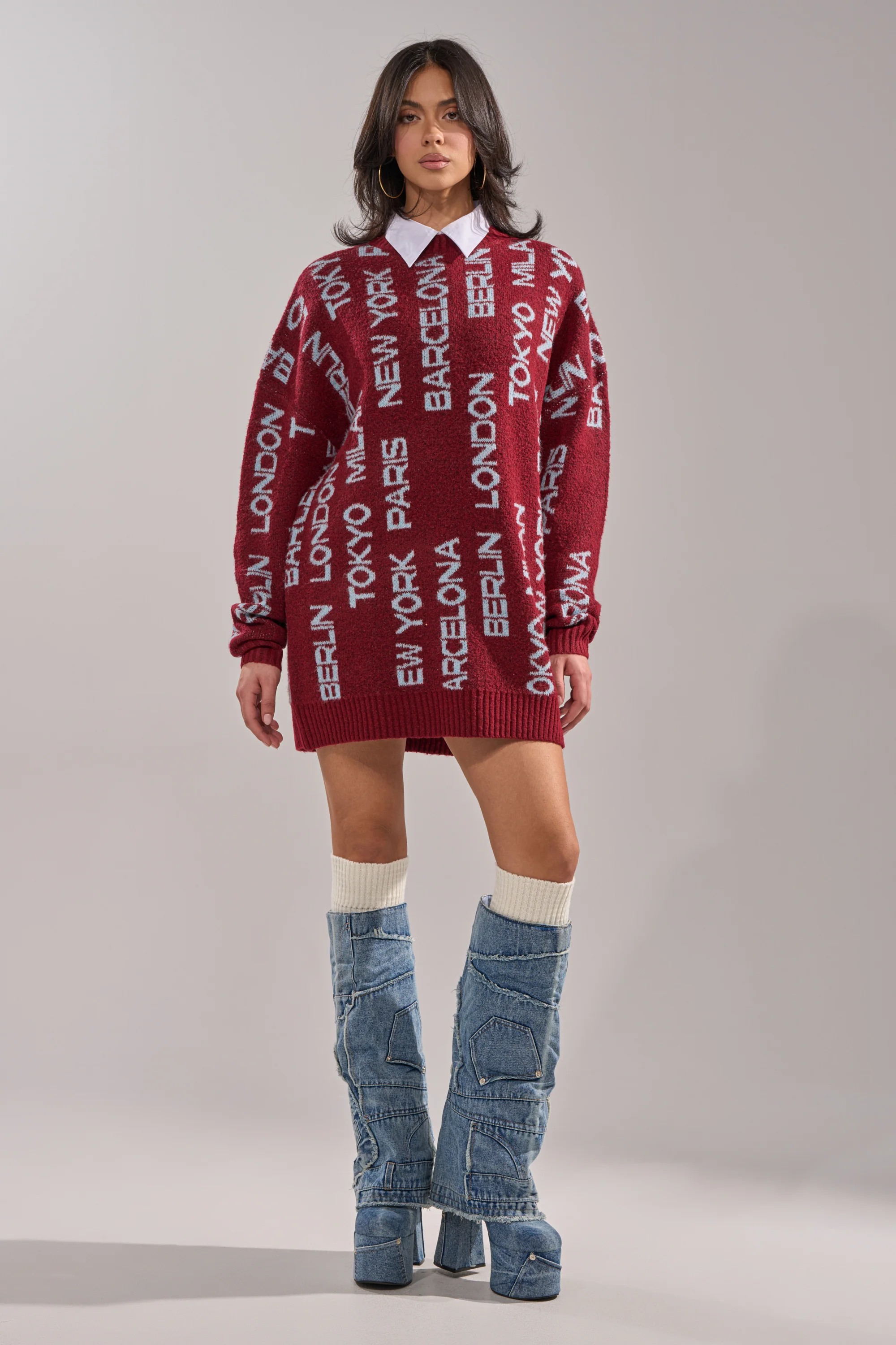 AROUND THE WORLD SWEATER MINI DRESS IN RED - Image 6