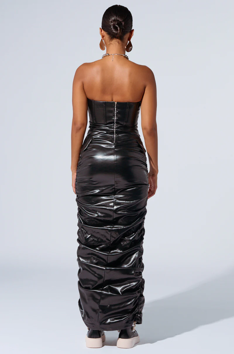 ASH STRAPLESS CARGO MAXI DRESS IN BLACK PU - Image 5