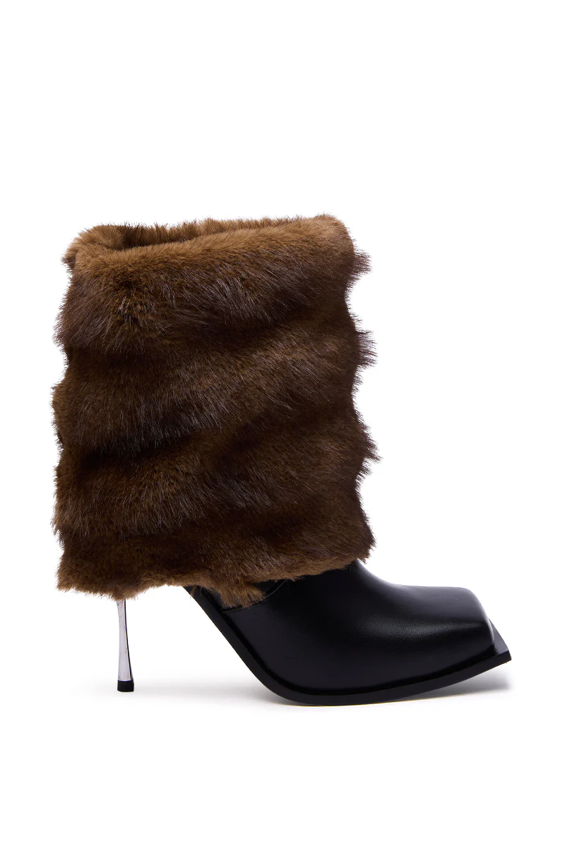 AZALEA WANG CHINMAYI BROWN FUR CUFF SQUARE TOE STILETTO BOOTIE - Image 4
