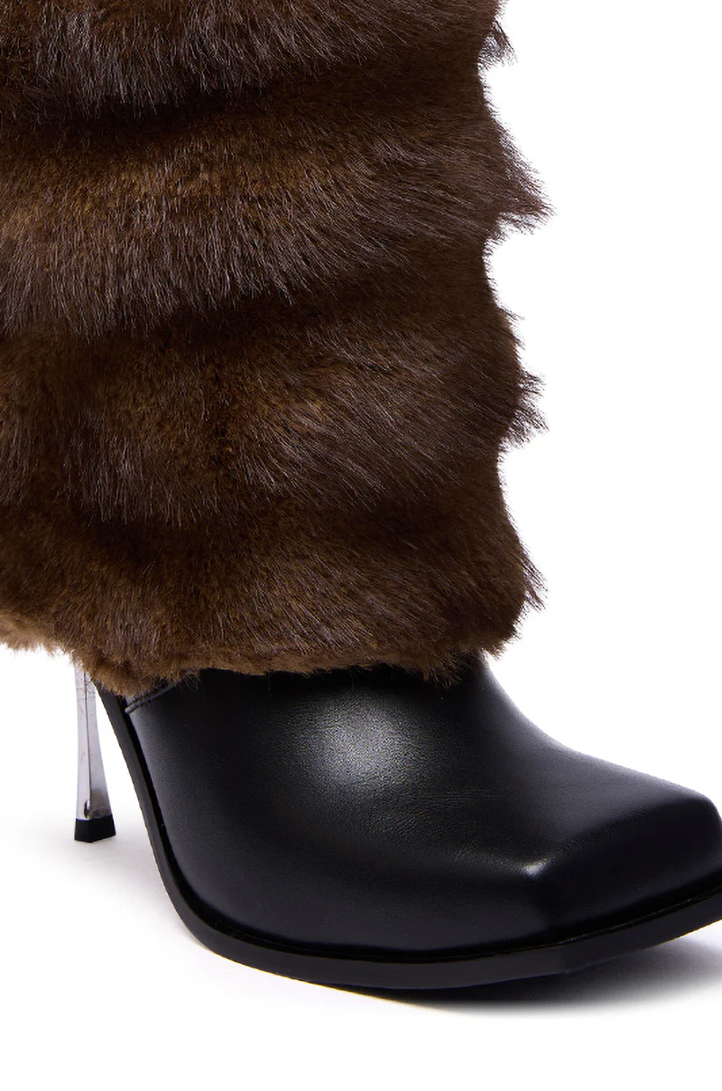 AZALEA WANG CHINMAYI BROWN FUR CUFF SQUARE TOE STILETTO BOOTIE - Image 7