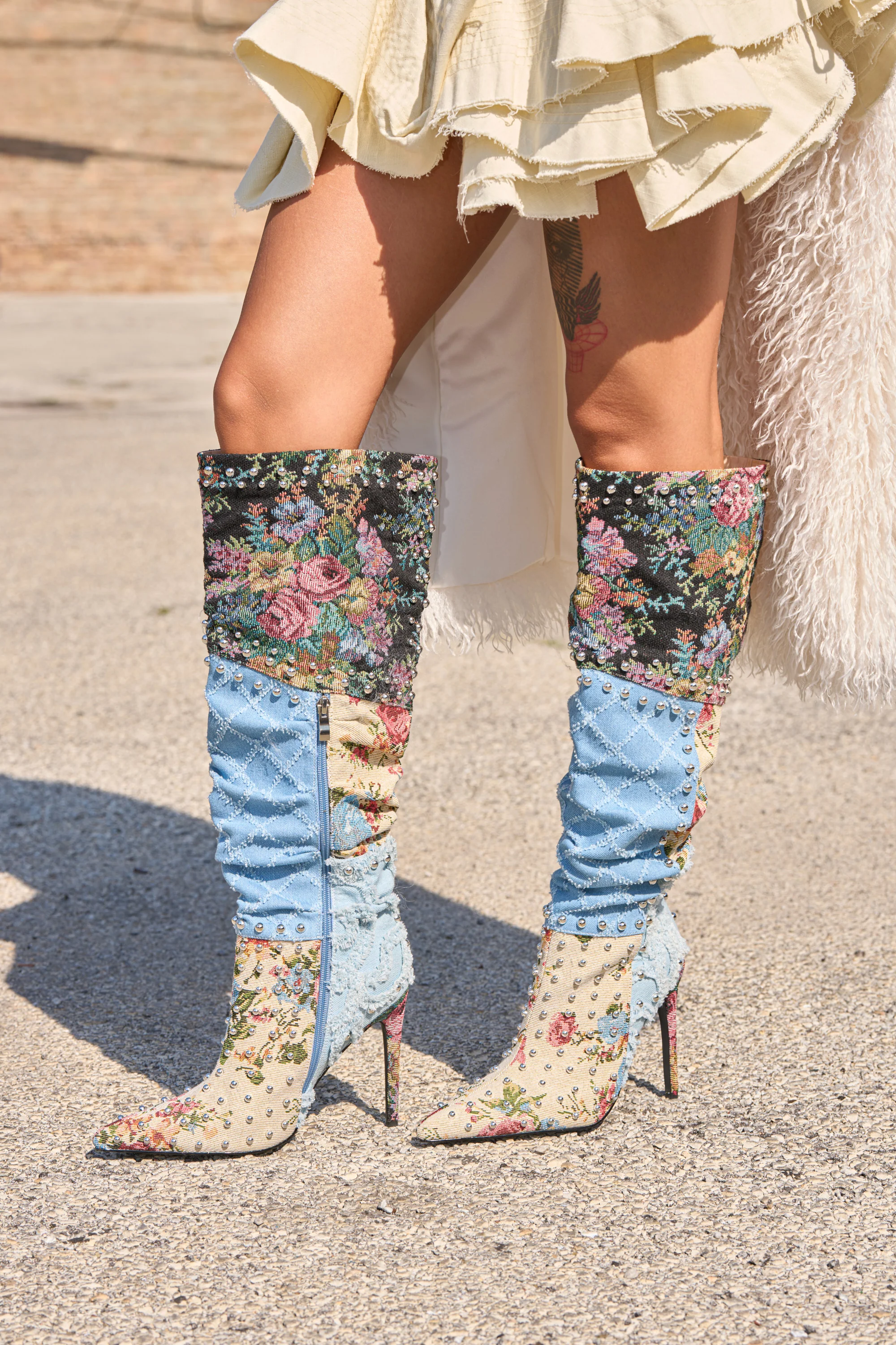 AZALEA WANG AILA DENIM MULTI STUDDED POINTED TOE STILETTO BOOT - Image 4