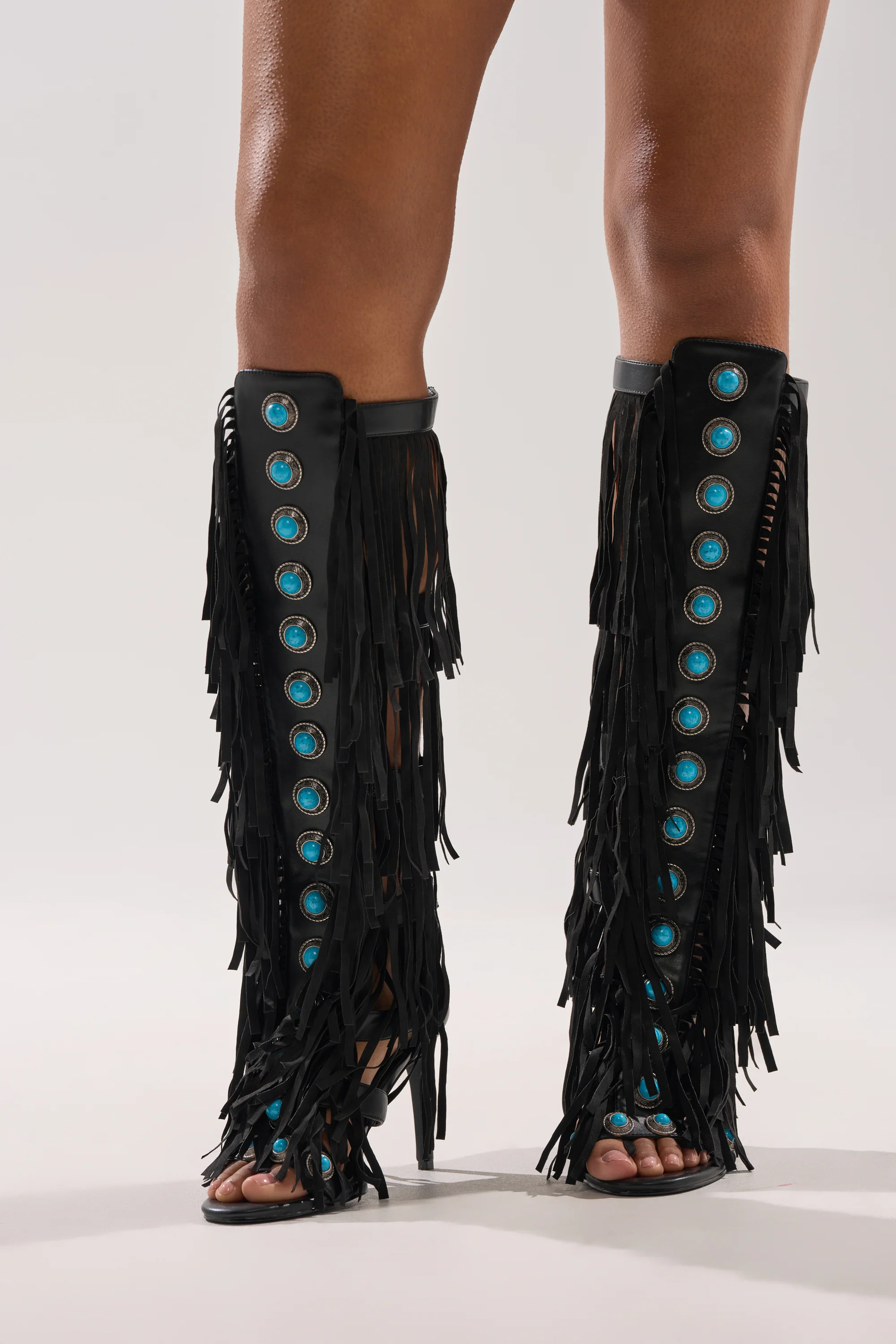 AZALEA WANG AMADEO BLACK FRINGE AND TURQUOISE GLADIATOR STILETTO SANDAL - Image 2
