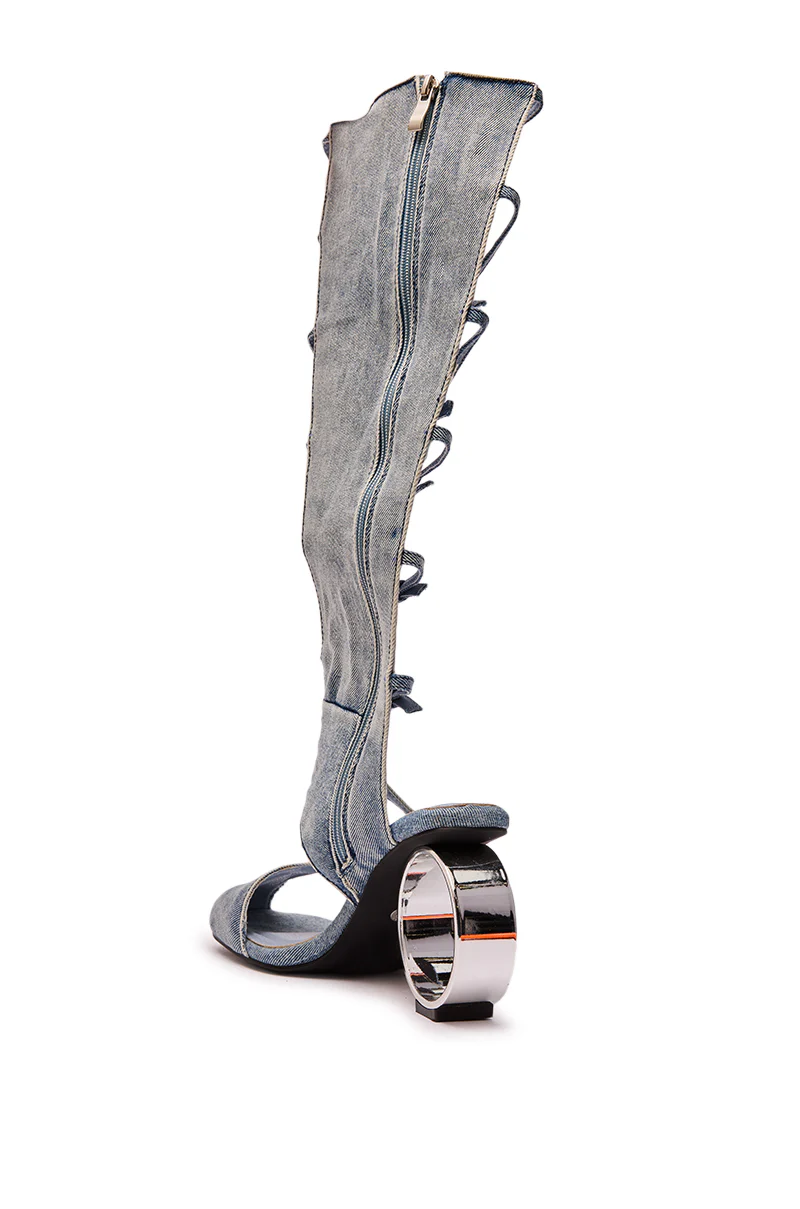 AZALEA WANG ANDREE DENIM GLADIATOR SANDAL WITH CIRCLE HEEL - Image 5