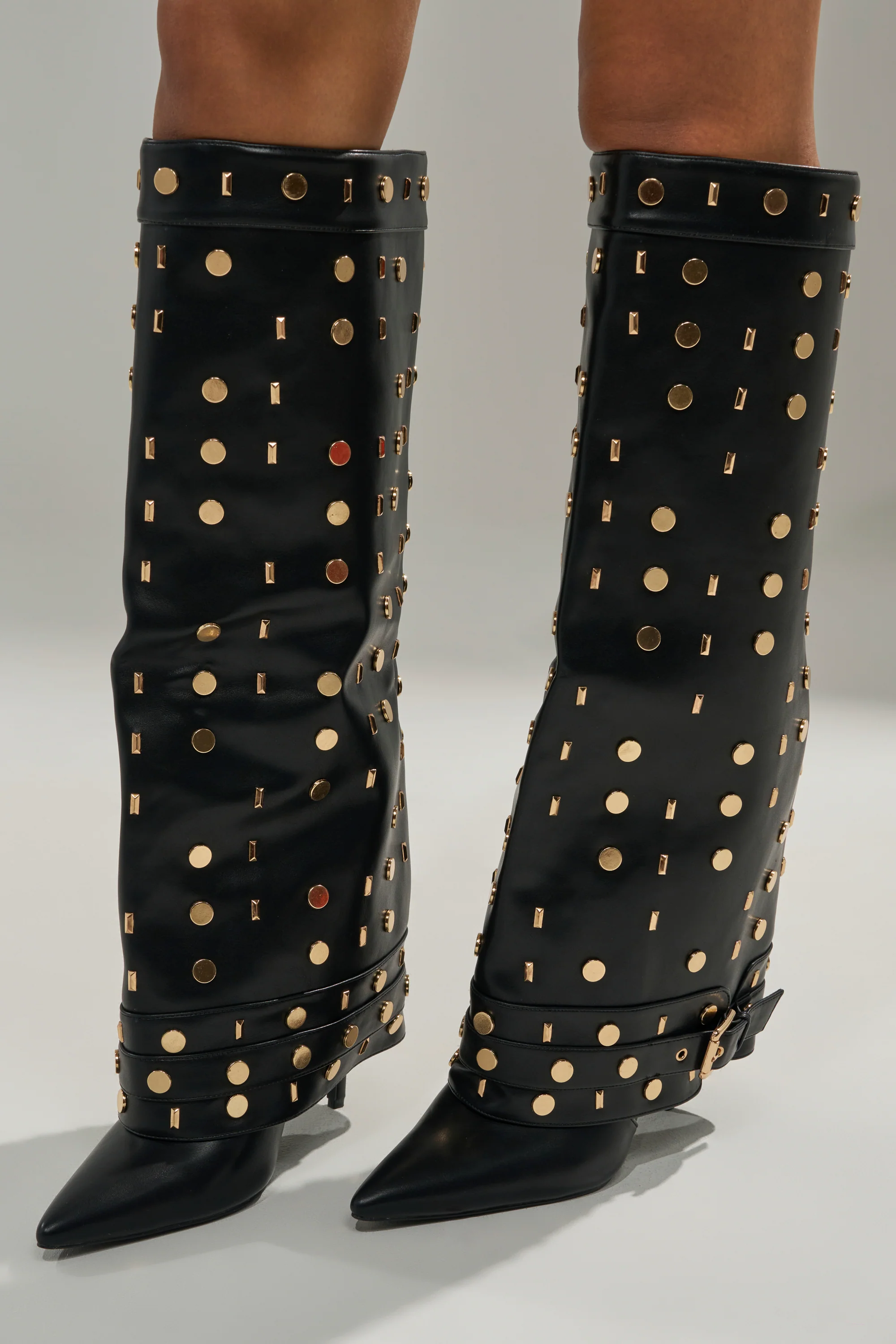 AZALEA WANG ANISSA BLACK MULTI GOLD HARDWARE STILETTO BOOT - Image 4