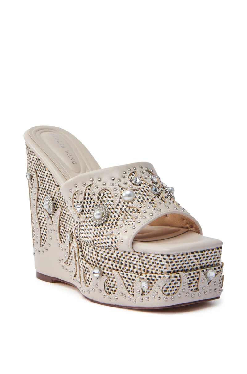 AZALEA WANG APPOLONIA BEIGE TWEED EMBELLISHED WEDGE SANDAL - Image 4