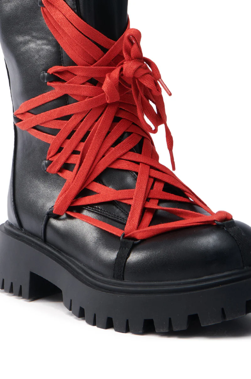 AZALEA WANG ARJUN LACE DETAIL COMBAT BOOTIE IN BLACK WITH RED LACE - Image 6