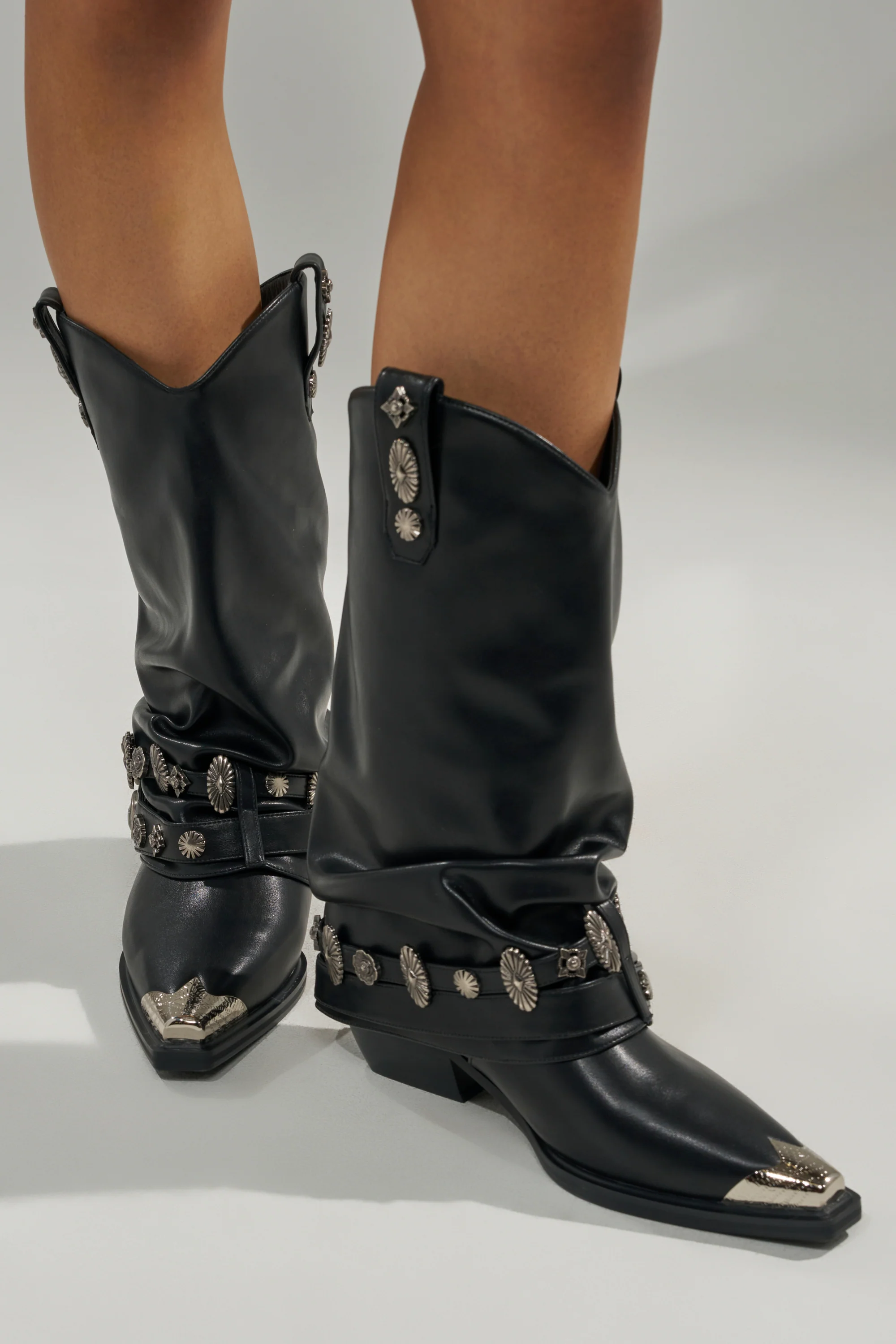 AZALEA WANG ASHRAF BLACK PU SILVER HARDWARE WESTERN BOOTIE - Image 3