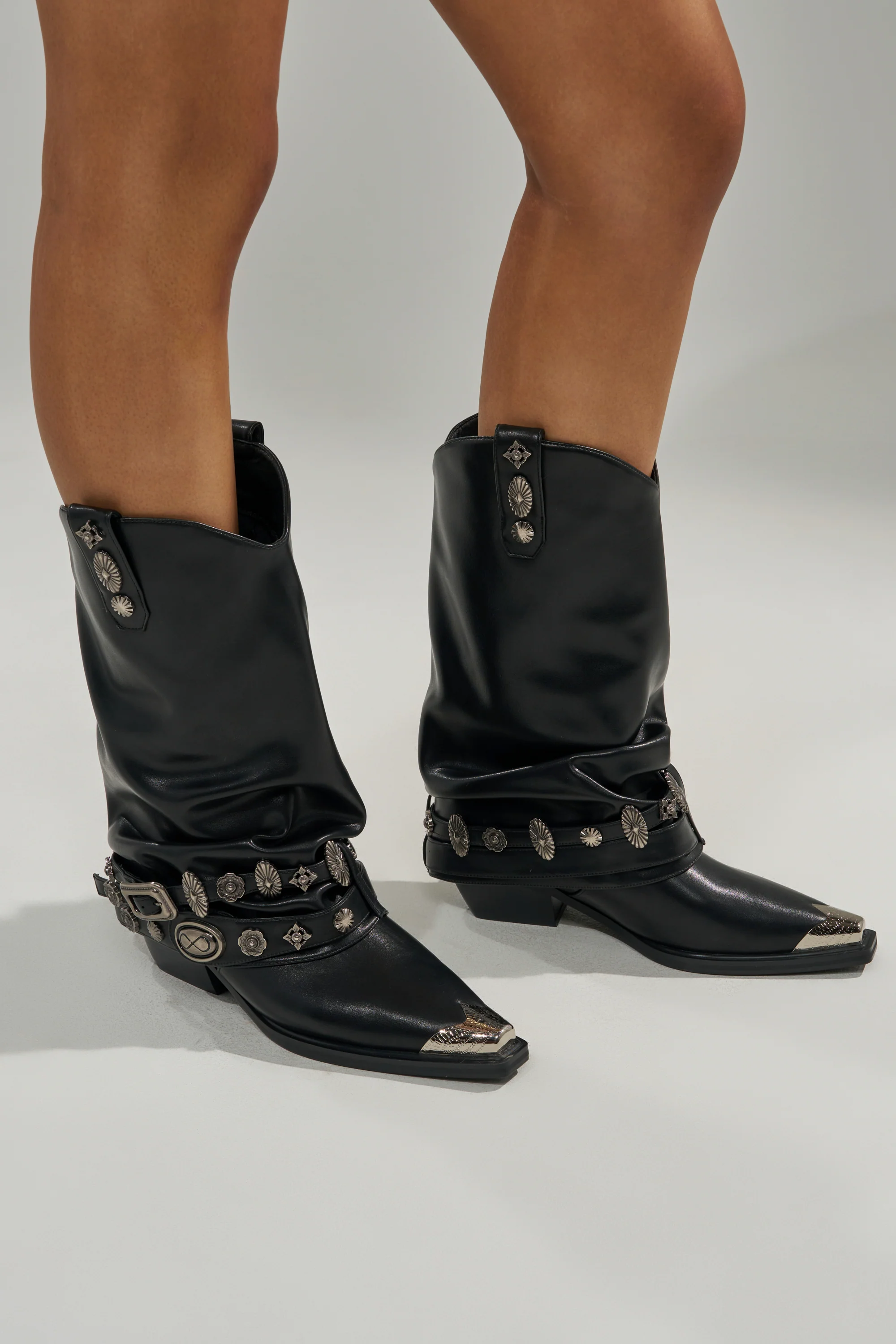 AZALEA WANG ASHRAF BLACK PU SILVER HARDWARE WESTERN BOOTIE - Image 7