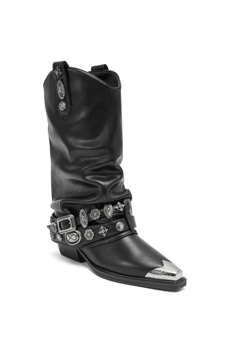 AZALEA WANG ASHRAF BLACK PU SILVER HARDWARE WESTERN BOOTIE - Image 9
