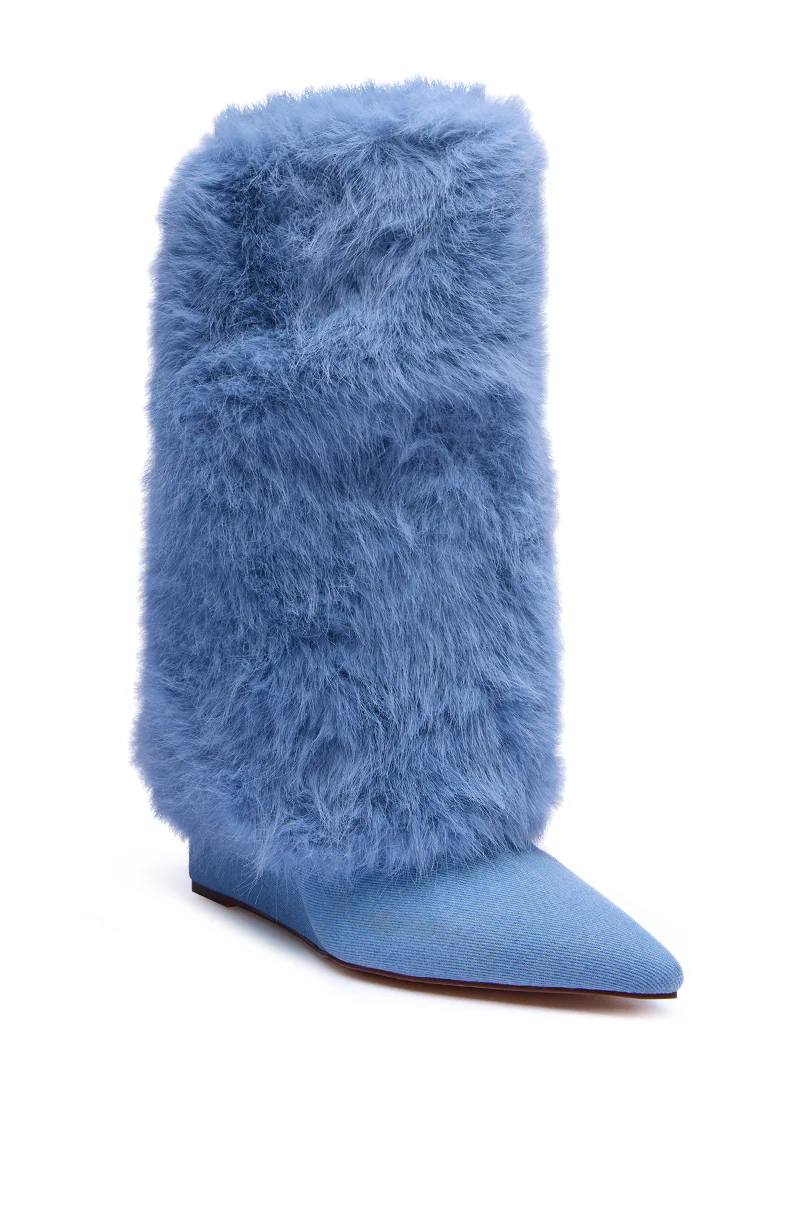 AZALEA WANG BRIASH DENIM FUR HIDDEN WEDGE BOOTIE - Image 4