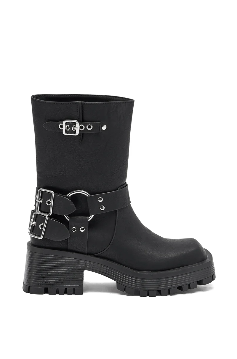 AZALEA WANG BUCKED BLACK CHUNKY HEEL COMBAT BOOTIE - Image 6